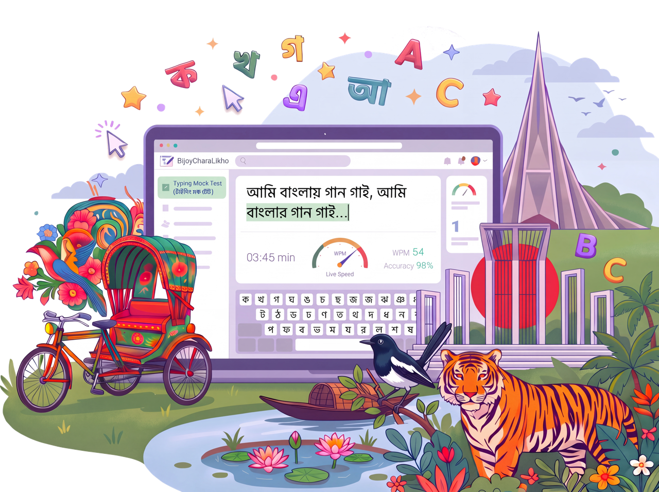 BijoyCharaLikho.app — Bangla & English Typing Mock Test with Bangladeshi Rickshaw, Shaheed Minar, National Memorial, Doyel Bird and Royal Bengal Tiger